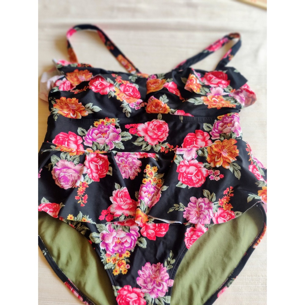 Terra Sky Swimsuit Women 1X Black Pink Floral Peplum One Piece Tropical Boho - Picture 3 of 6